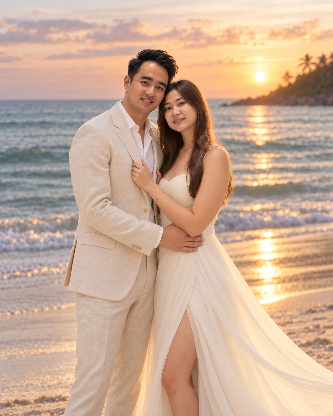 Fery and Widia embracing at sunset